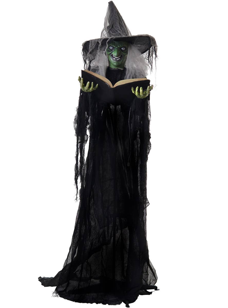 Animated Light Up Life Size Green Face Witch with Spell Book Halloween Decoration - Main Image