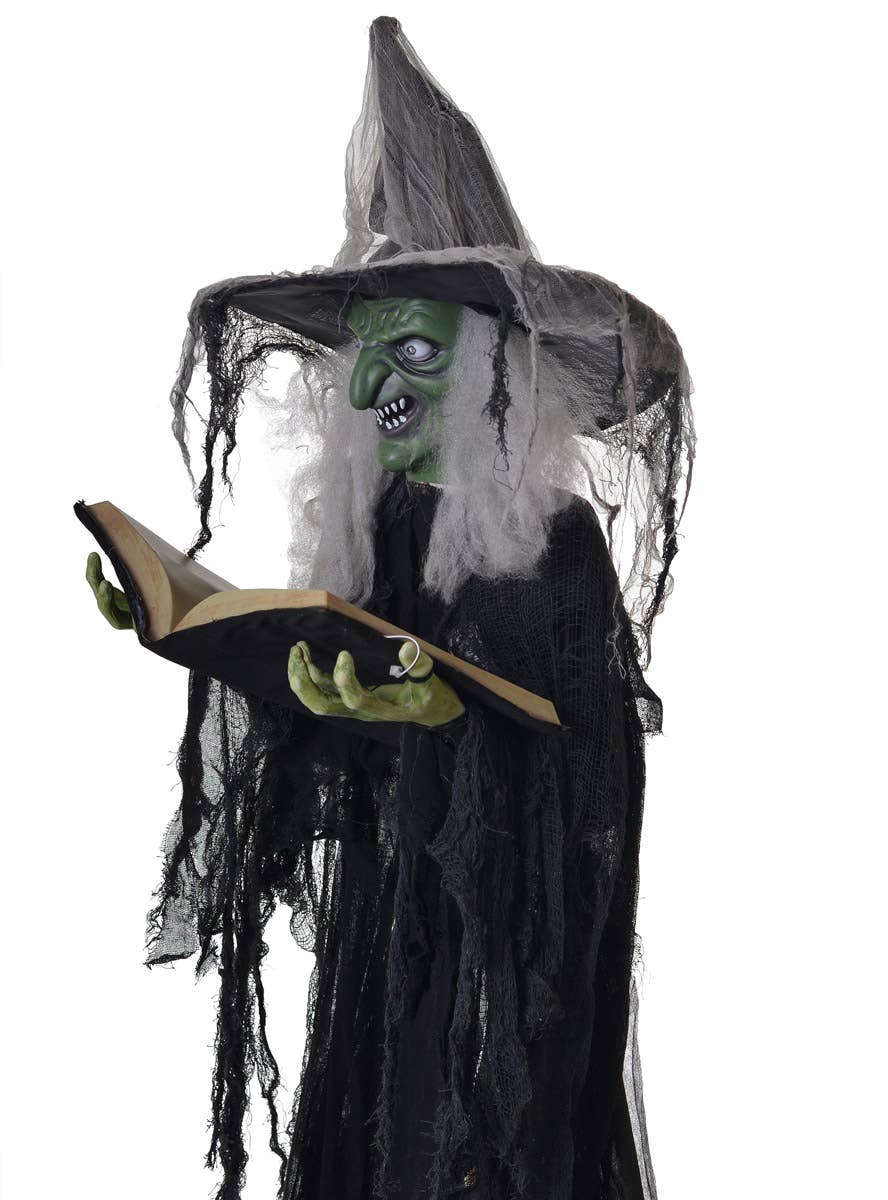 Animated Light Up Life Size Green Face Witch with Spell Book Halloween Decoration - Side Image