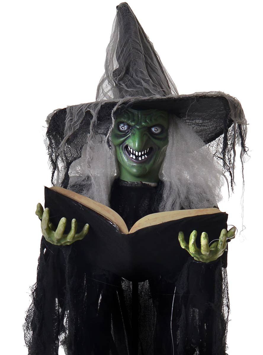 Animated Light Up Life Size Green Face Witch with Spell Book Halloween Decoration - Close Image