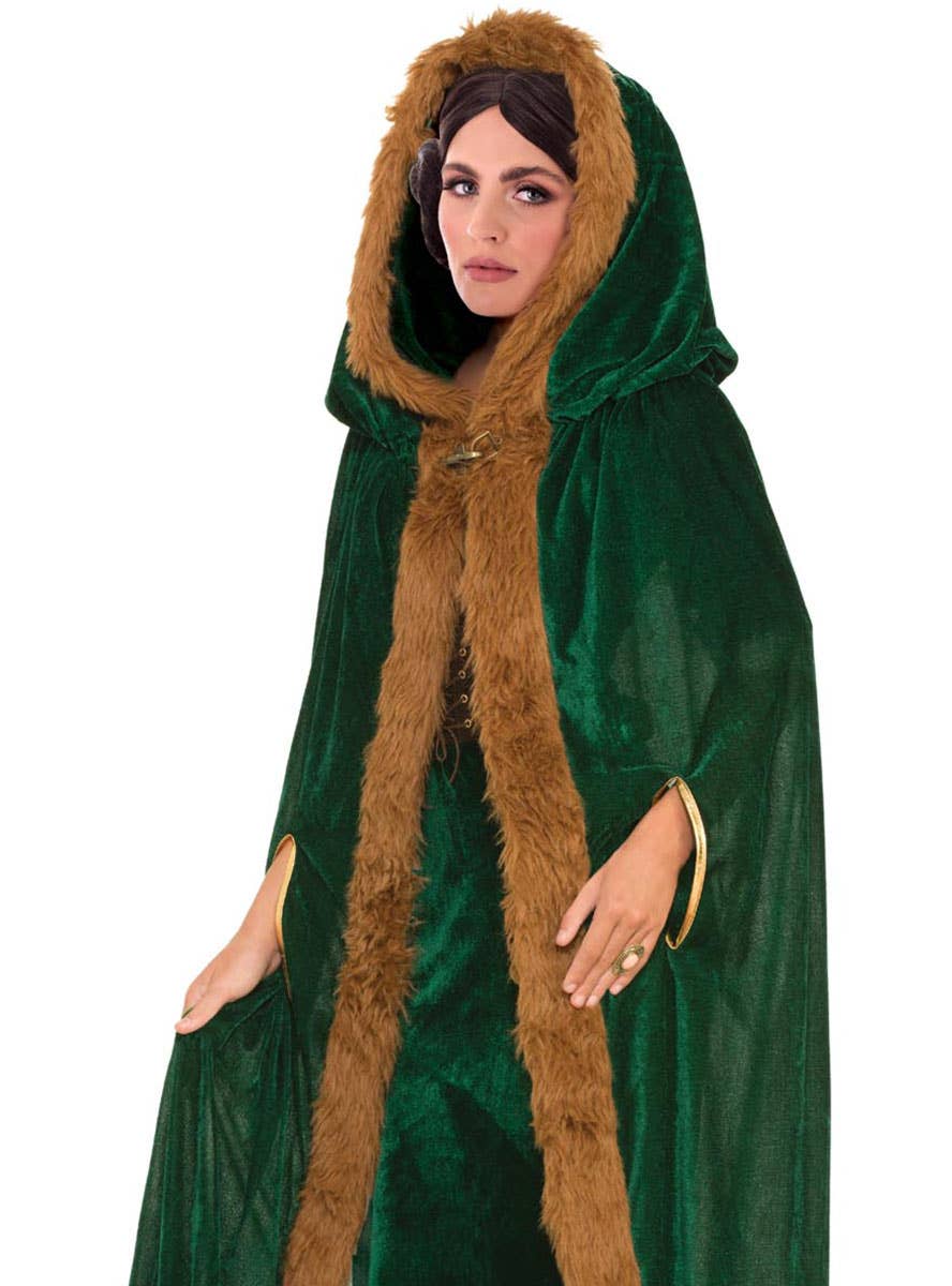 Image of Medieval Green Velvet Cloak with Brown Fur Trim - Close Up Image