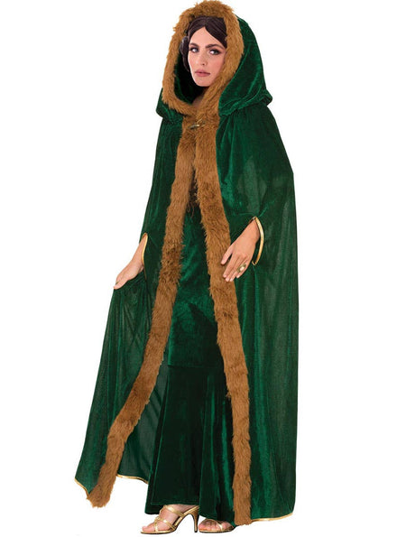 Image of Medieval Green Velvet Cloak with Brown Fur Trim - Main Image