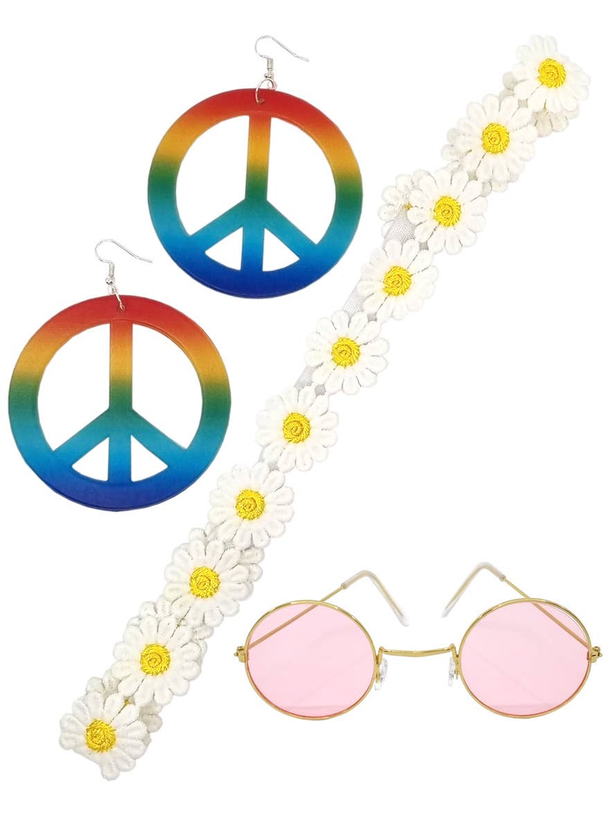 Rainbow Peace Hippie Costume Accessory Set With Pink Glasses - Main Image