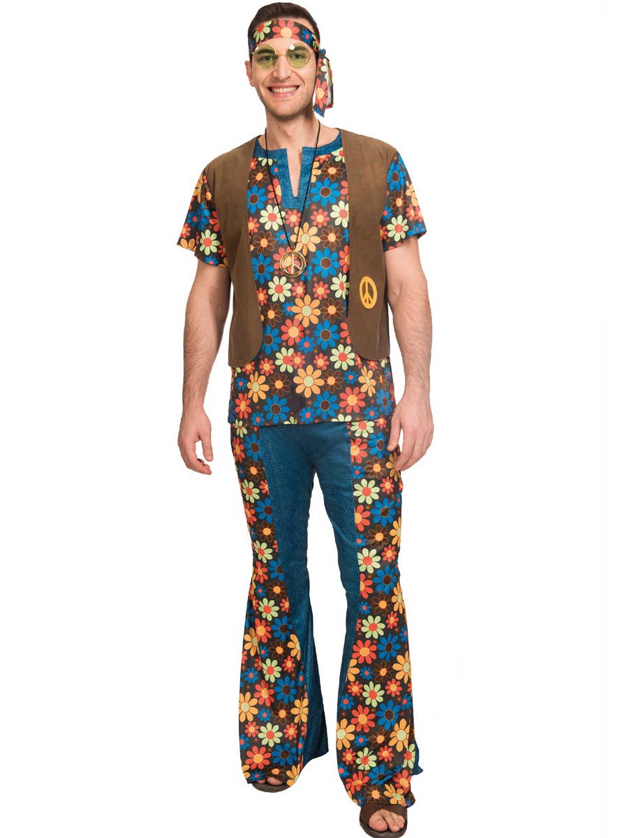 Plus Size Brown Flower Power Groovy Hippie Mens Costume