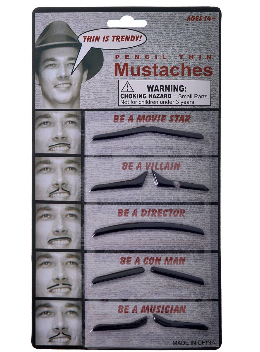 Set of 5 Pencil Thin Black Costume Moustaches