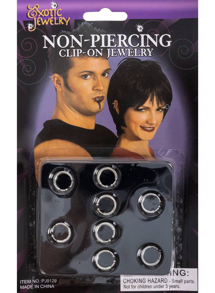 Clip On Silver Fake Facial Piercing Costume Jewellery Set