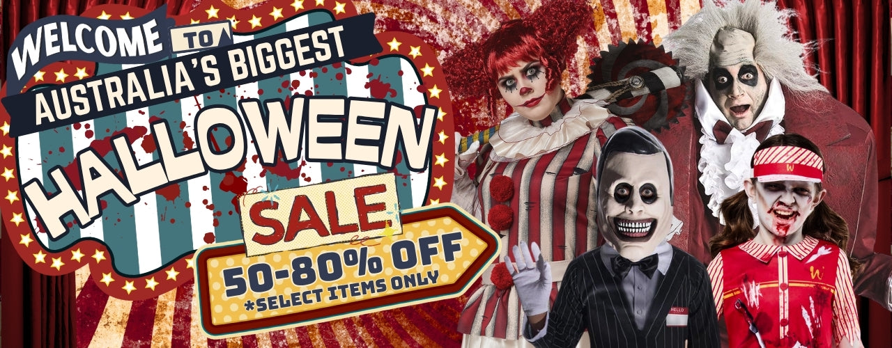 Desktop home page banner for a Halloween sale, with large text reading 'Welcome to Australia's Biggest Halloween Sale' and '50-80% Off'.