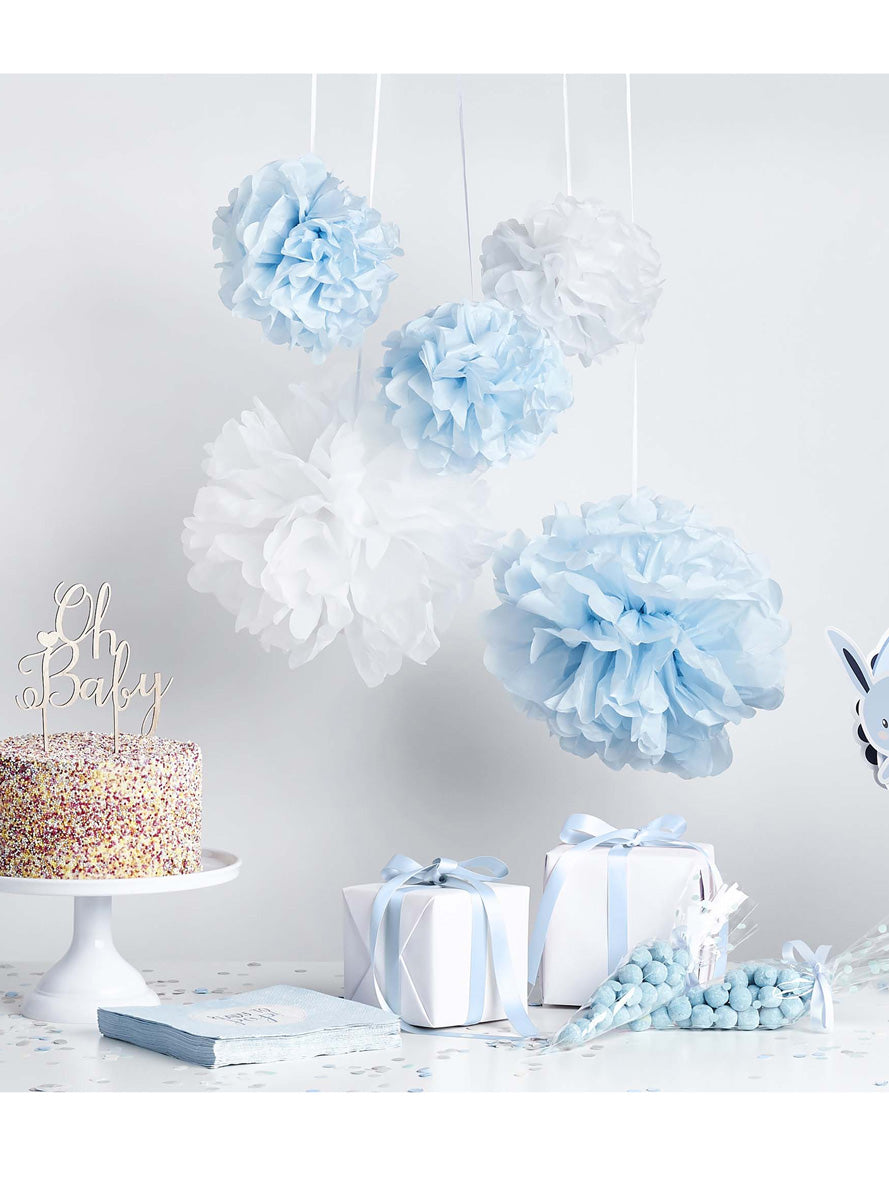 Hanging Pom Poms 5 Pack Blue and White Decorations - Lifestyle Image