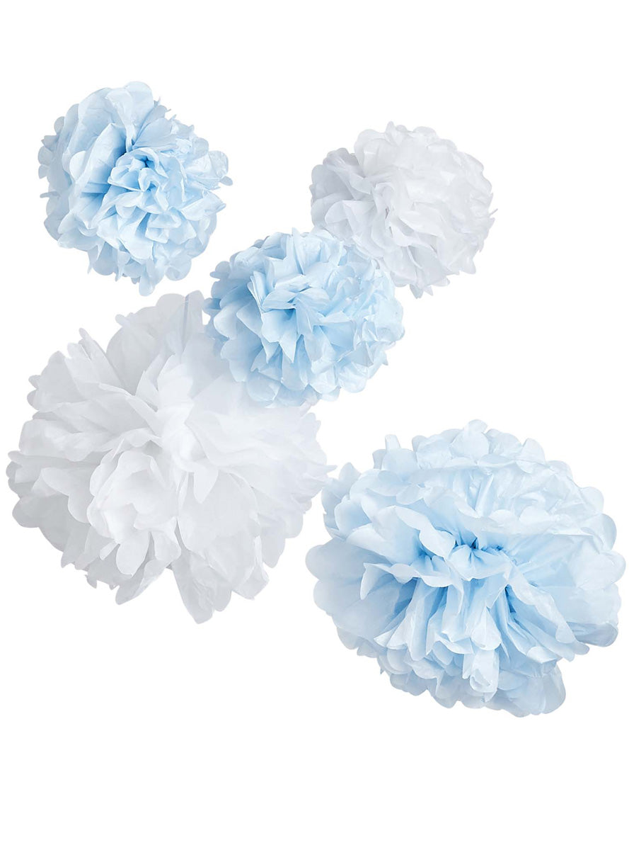 Hanging Pom Poms 5 Pack Blue and White Decorations - Main Image