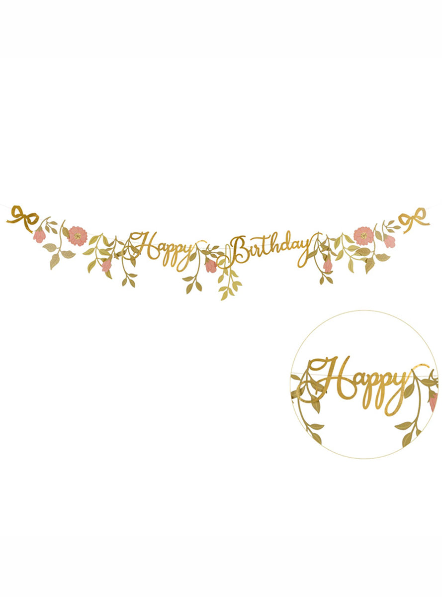 Happy Birthday 130cm Long Pink and Gold Floral Party Banner - Main Image