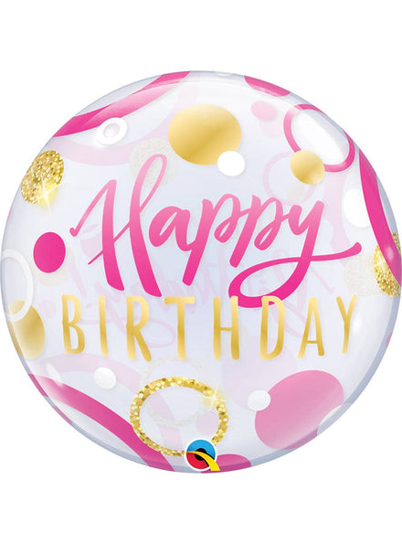 Image of Happy Birthday Pink And Gold Dots 55cm Clear Bubble Balloon