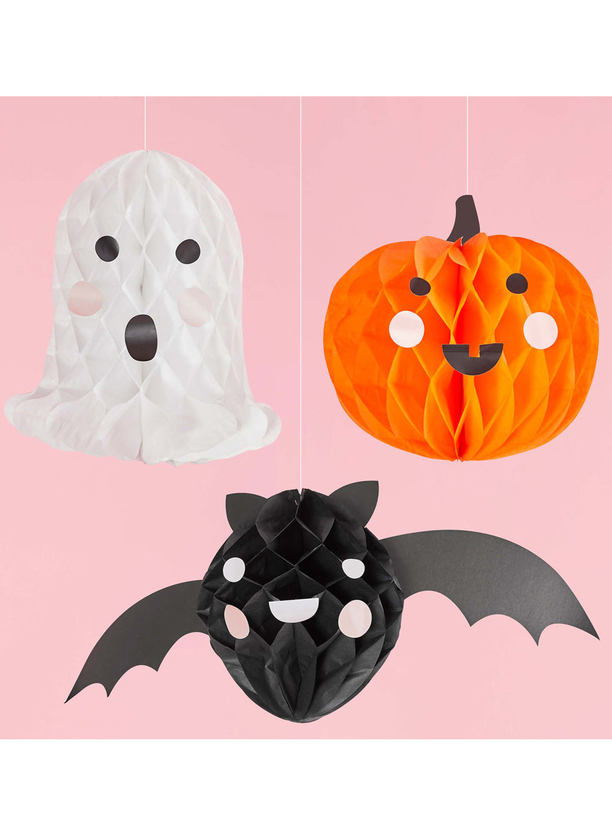 Happy Halloween 3 Pack Hanging Character Honeycomb Decorations - Lifestyle Image