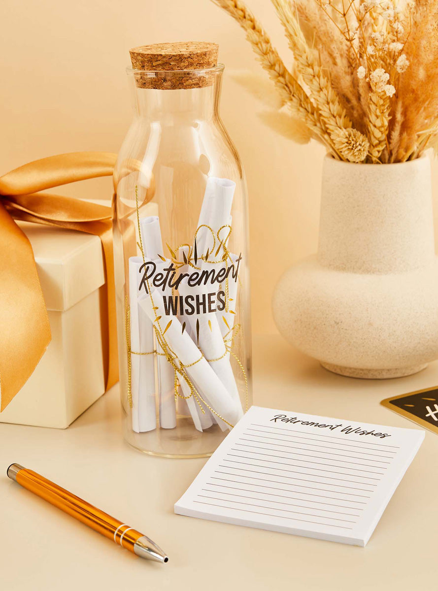 Happy Retirement Glass Bottle and Wishes Set - Lifestyle Image 1