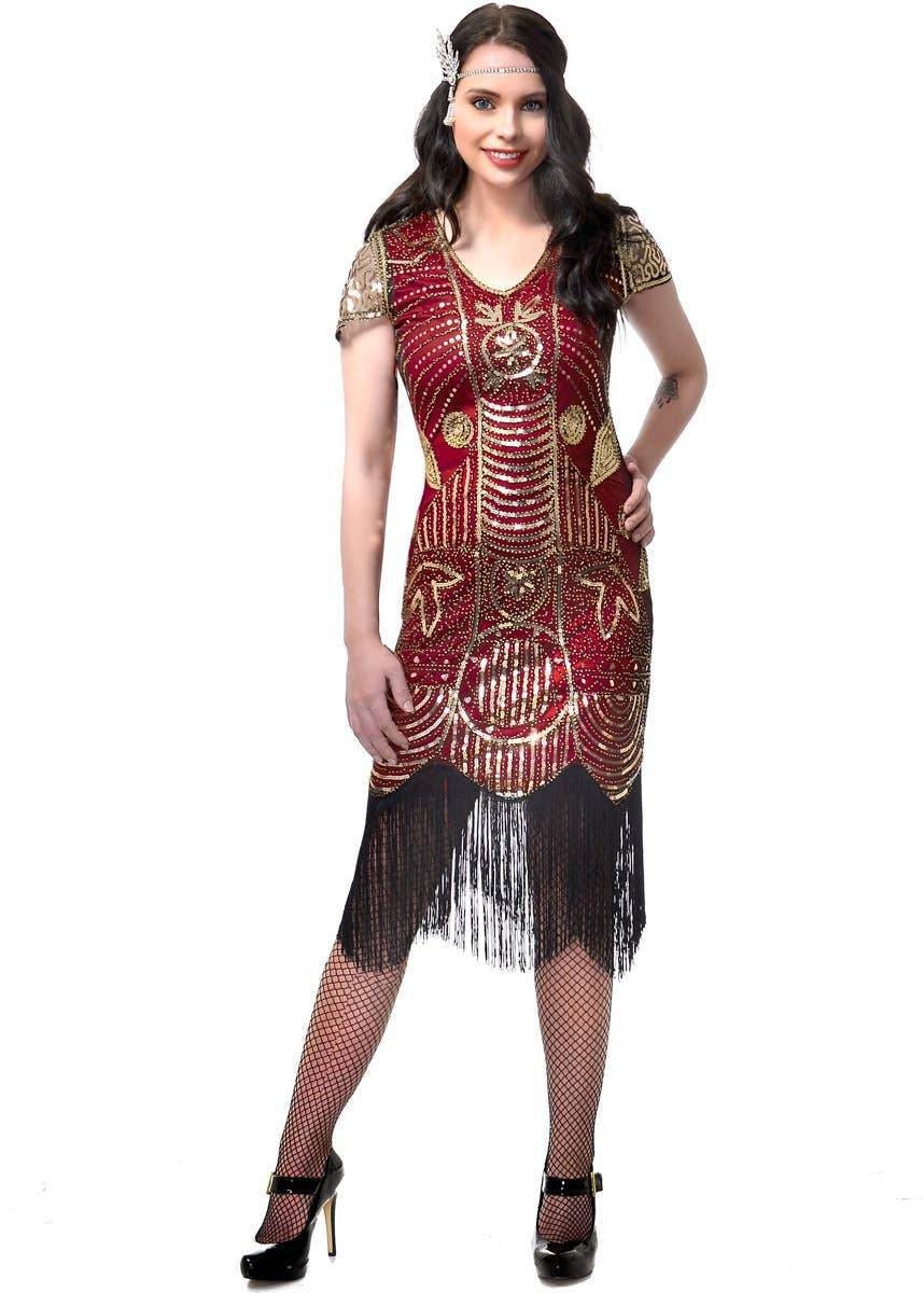 Women's Burgundy Red and Gold Sequined Gatsby Dress Costume Main Image