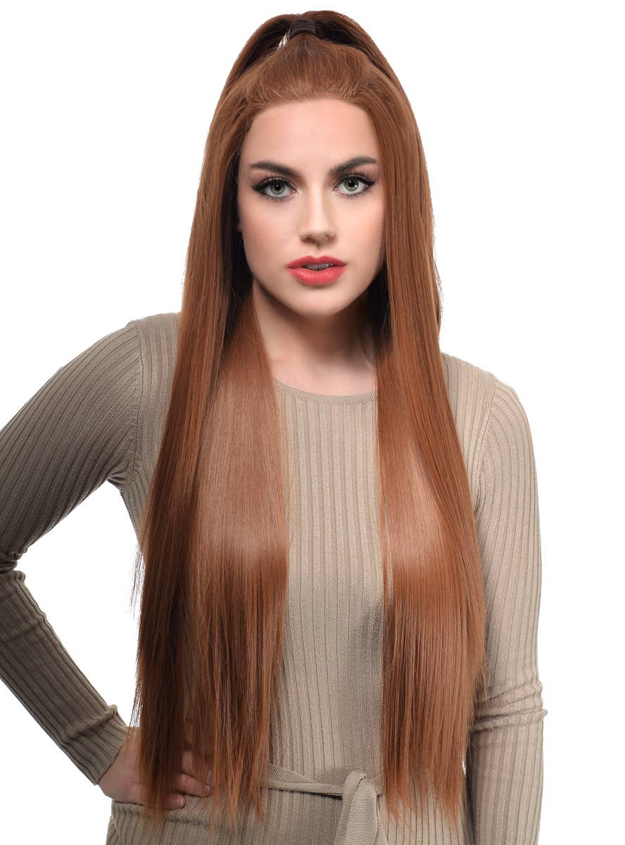 Womens Extra Long Auburn Brown Straight Synthetic Fashion Wig with Lace Front - Main Front Image