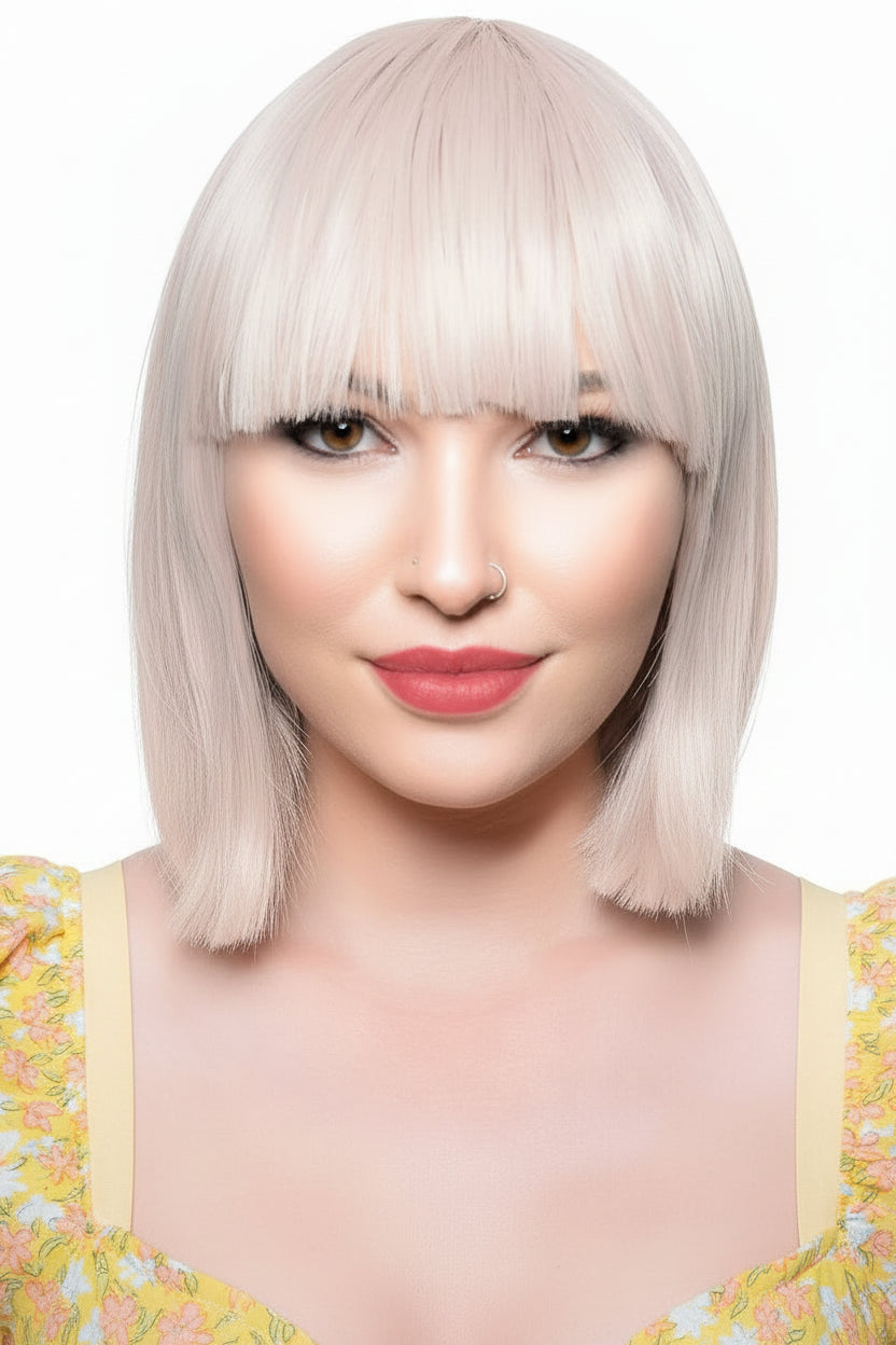 Short Champagne Blonde Heat Resistant Bob Women's Costume Wig with Fringe - Front View