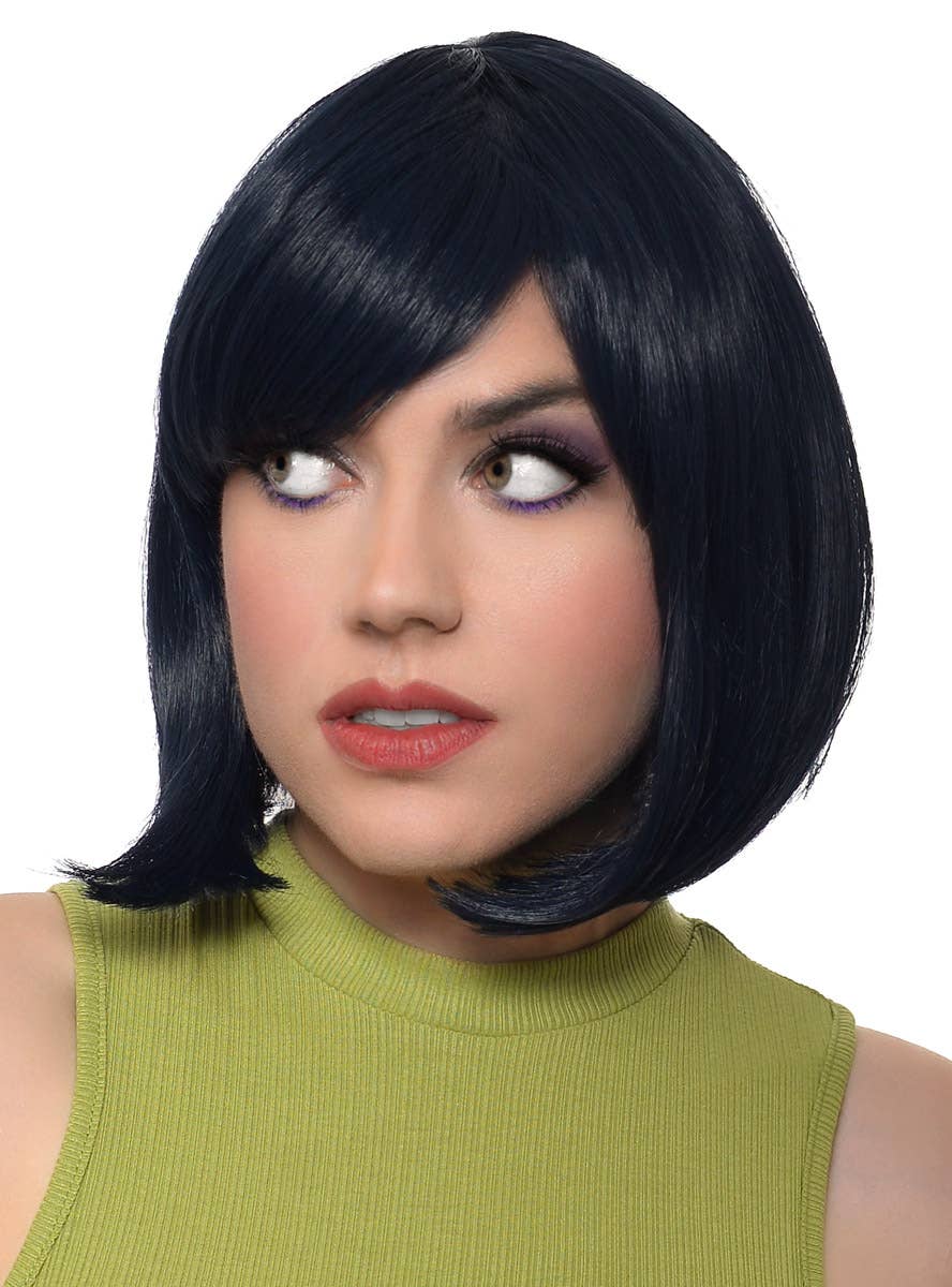 Short Midnight Blue Heat Resistant Bob Women's Costume Wig with Fringe - Alt Front View