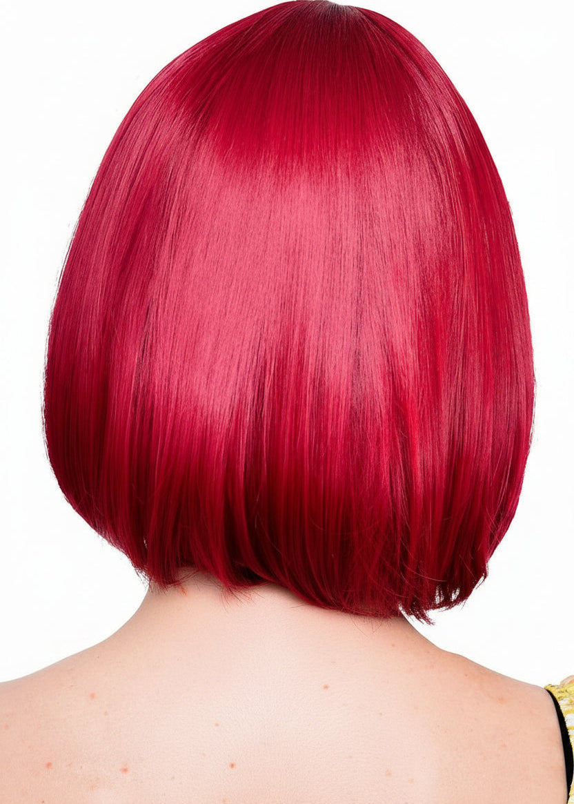 Short Cherry Red Heat Resistant Bob Women's Costume Wig with Fringe - Back View