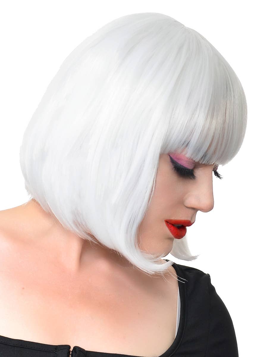 Short White Heat Resistant Bob Women's Costume Wig with Fringe - Side View