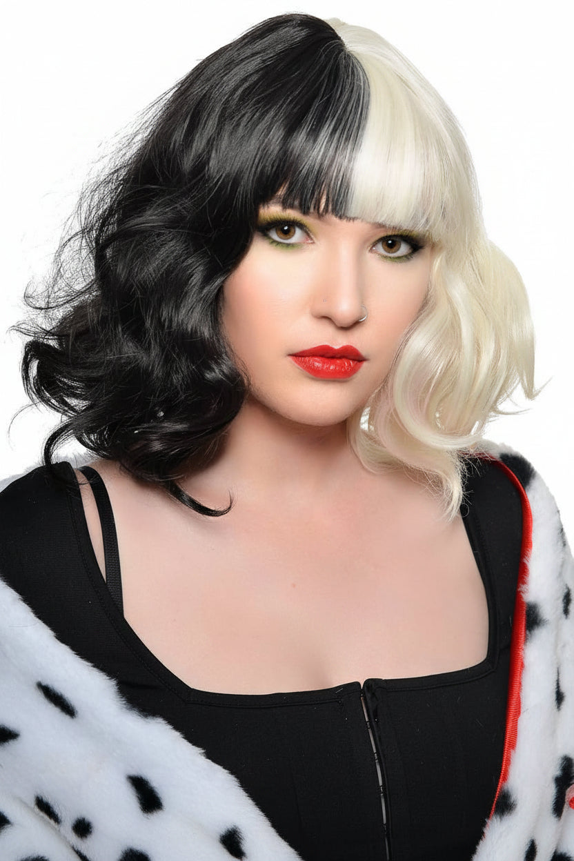 Deluxe Short Curly Black and White Heat Resistant Cruella De Vil Costume Wig with Fringe - Front View