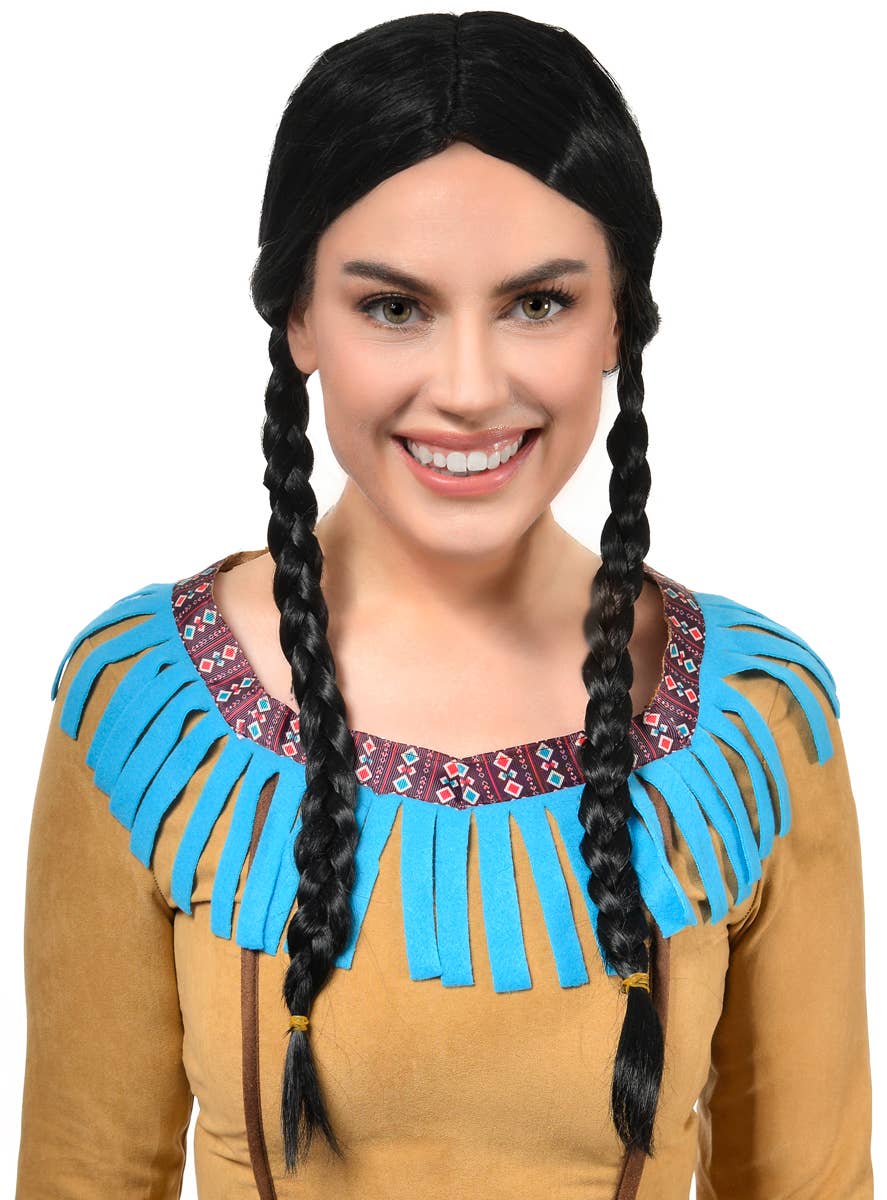 Image of Native American Women's Black Braided Costume Wig - Front View
