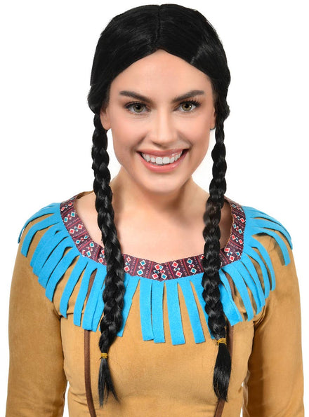 Image of Native American Women's Black Braided Costume Wig - Front View