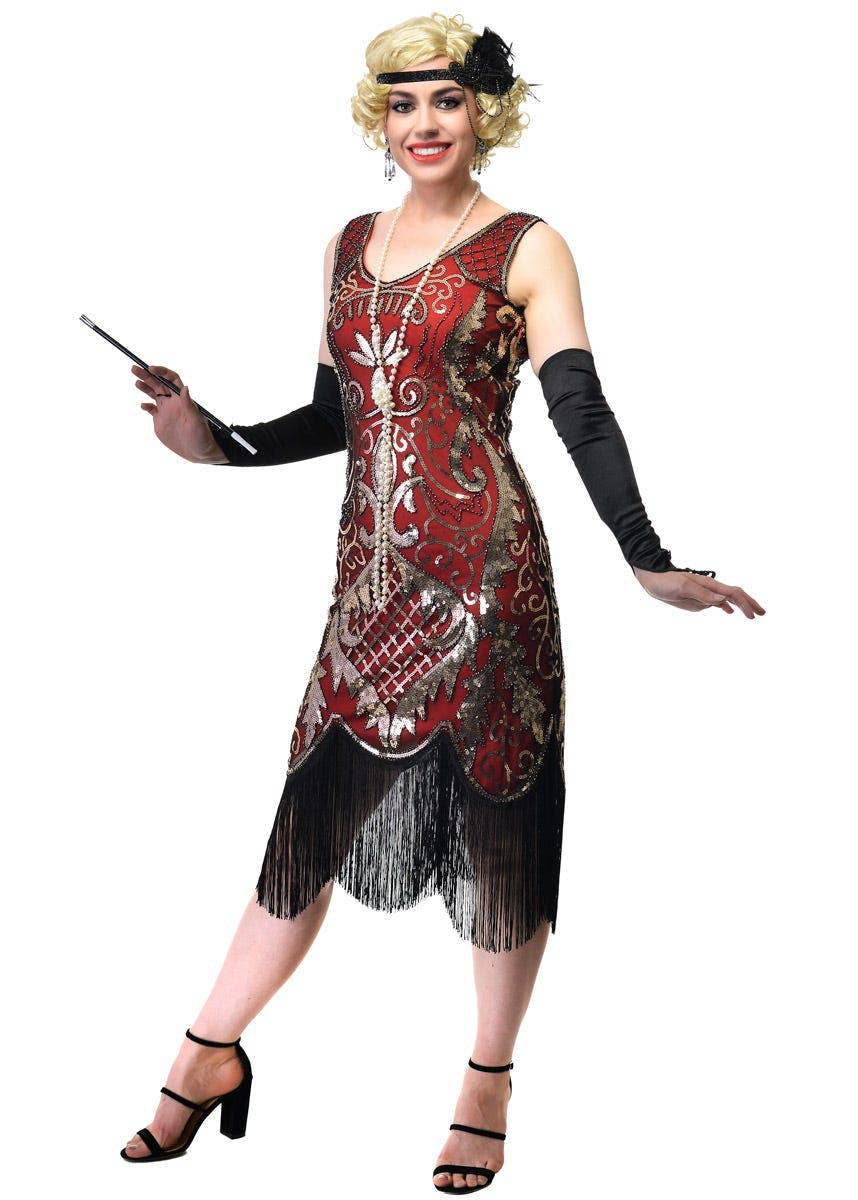 Plus Size Women's Long Red Gatsby Flapper Dress With Gold Sequins and Black Fringe Trim - Front Image