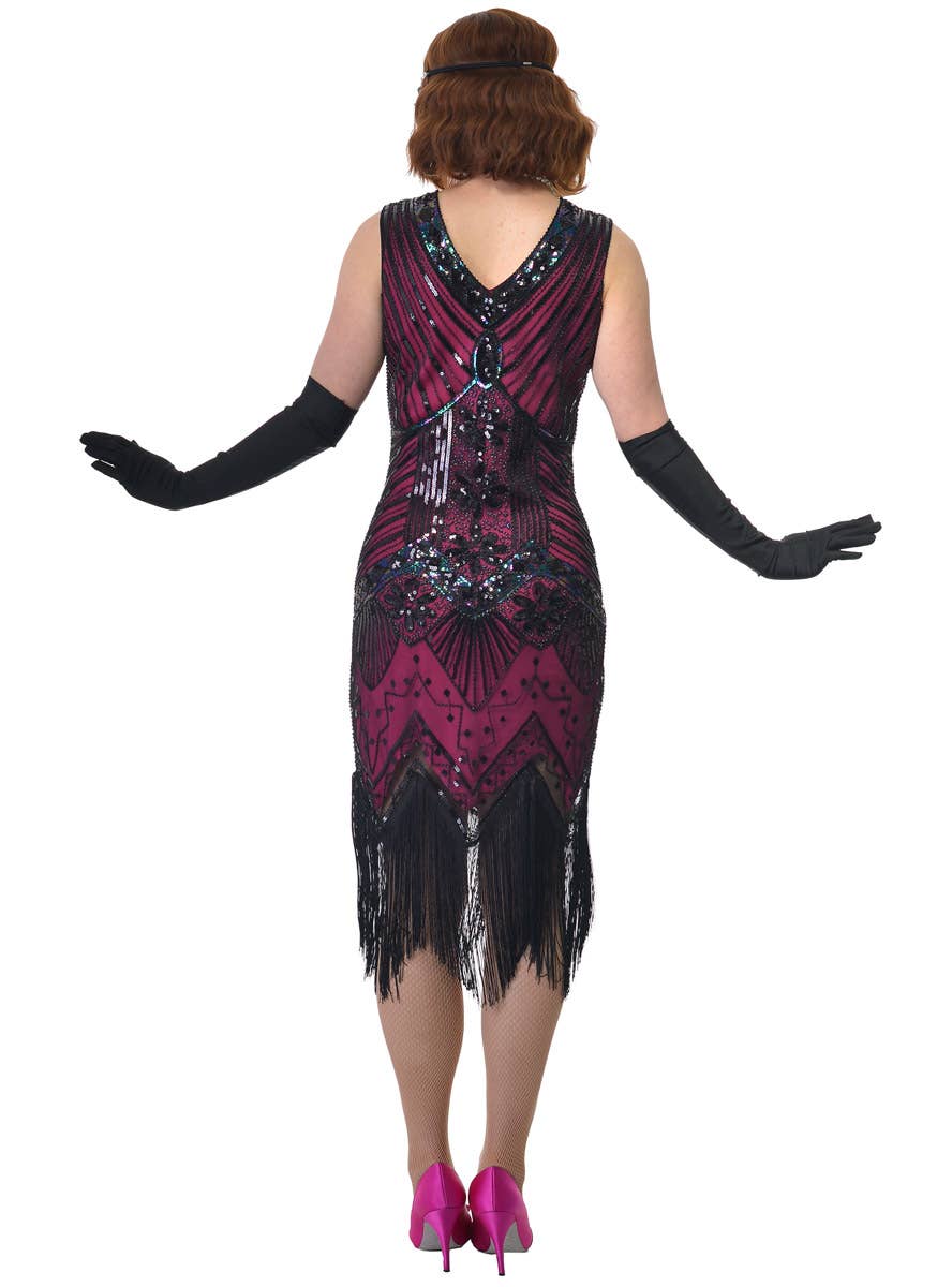 Women's Long Hot Pink Flapper Dress with Black Sequins and Fringing - Back Image