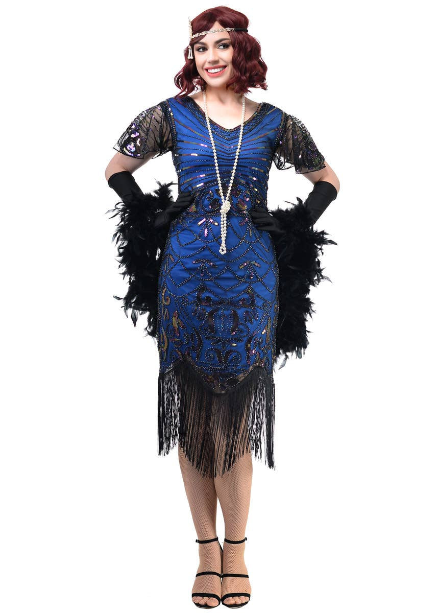 Womens Blue and Black Gatsby Dress with Iridescent Sequins and Flutter Sleeve - Front Image