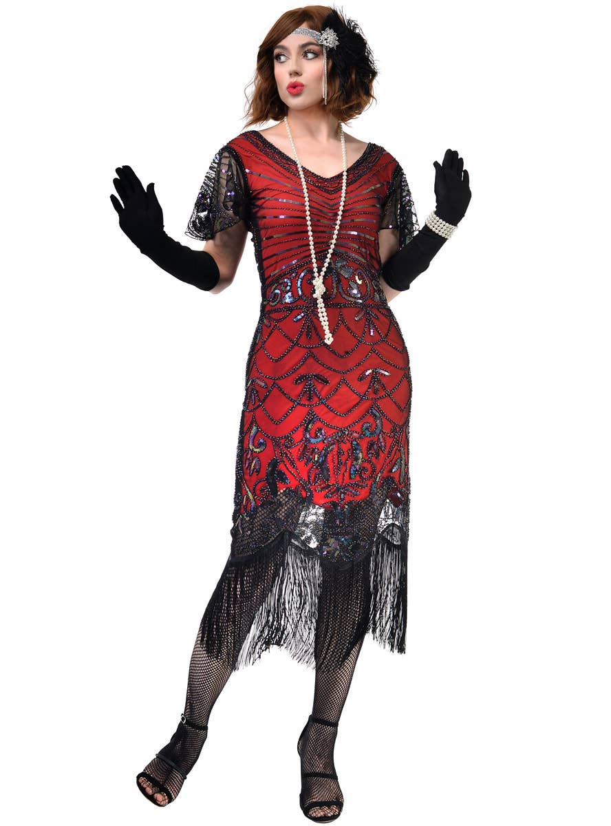 Womens Red and Black Gatsby Dress with Iridescent Sequins and Flutter Sleeve - Front Image