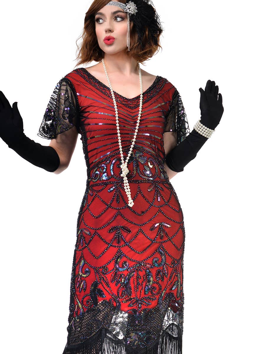 Plus Size Womens Red and Black Gatsby Dress with Iridescent Sequins and Flutter Sleeve - Close Image