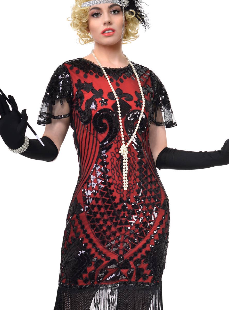 Plus Size Womens Red Gatsby Dress with Black Sequins, Fringing and Mesh Sleeves - Close Image