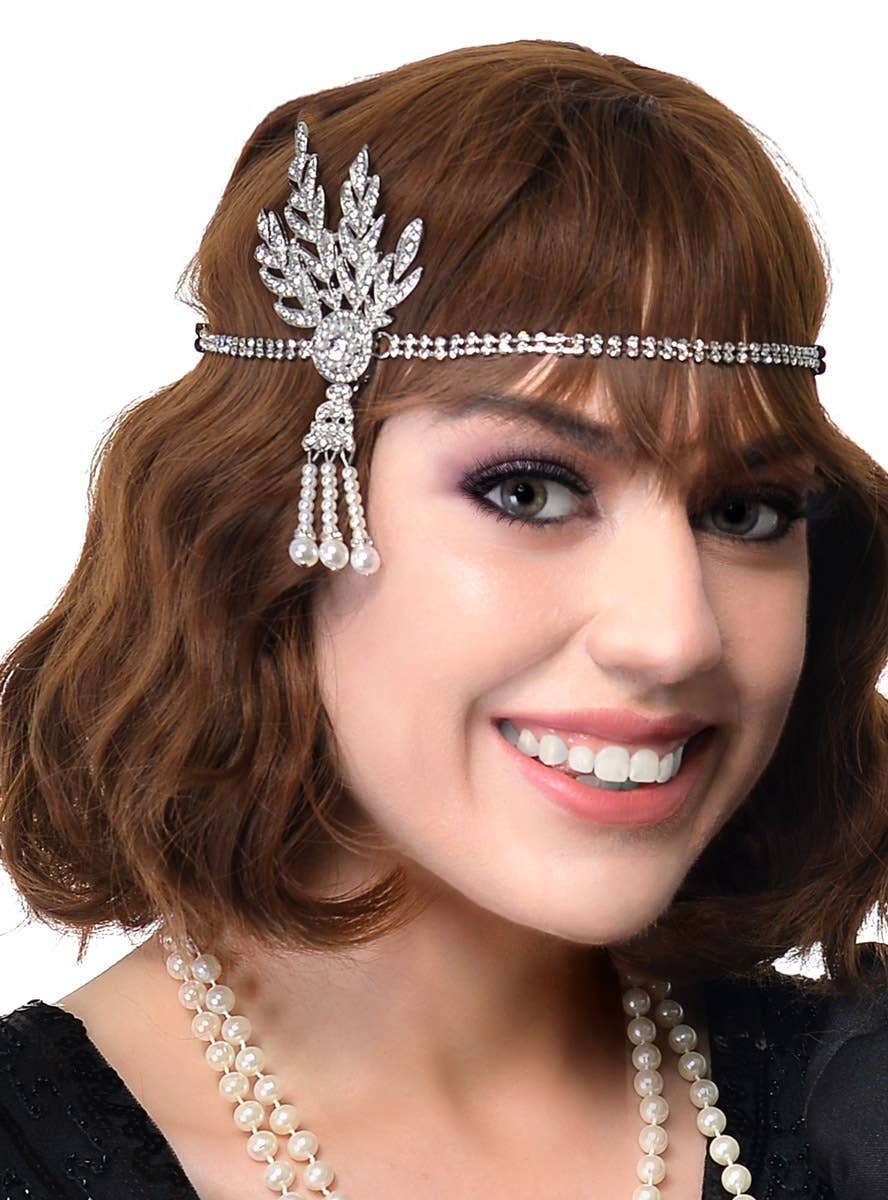 4 Piece Gatsby Set with Rhinestone Silver Headband, Pearls, Black Gloves and Cigarette Holder - Close Image