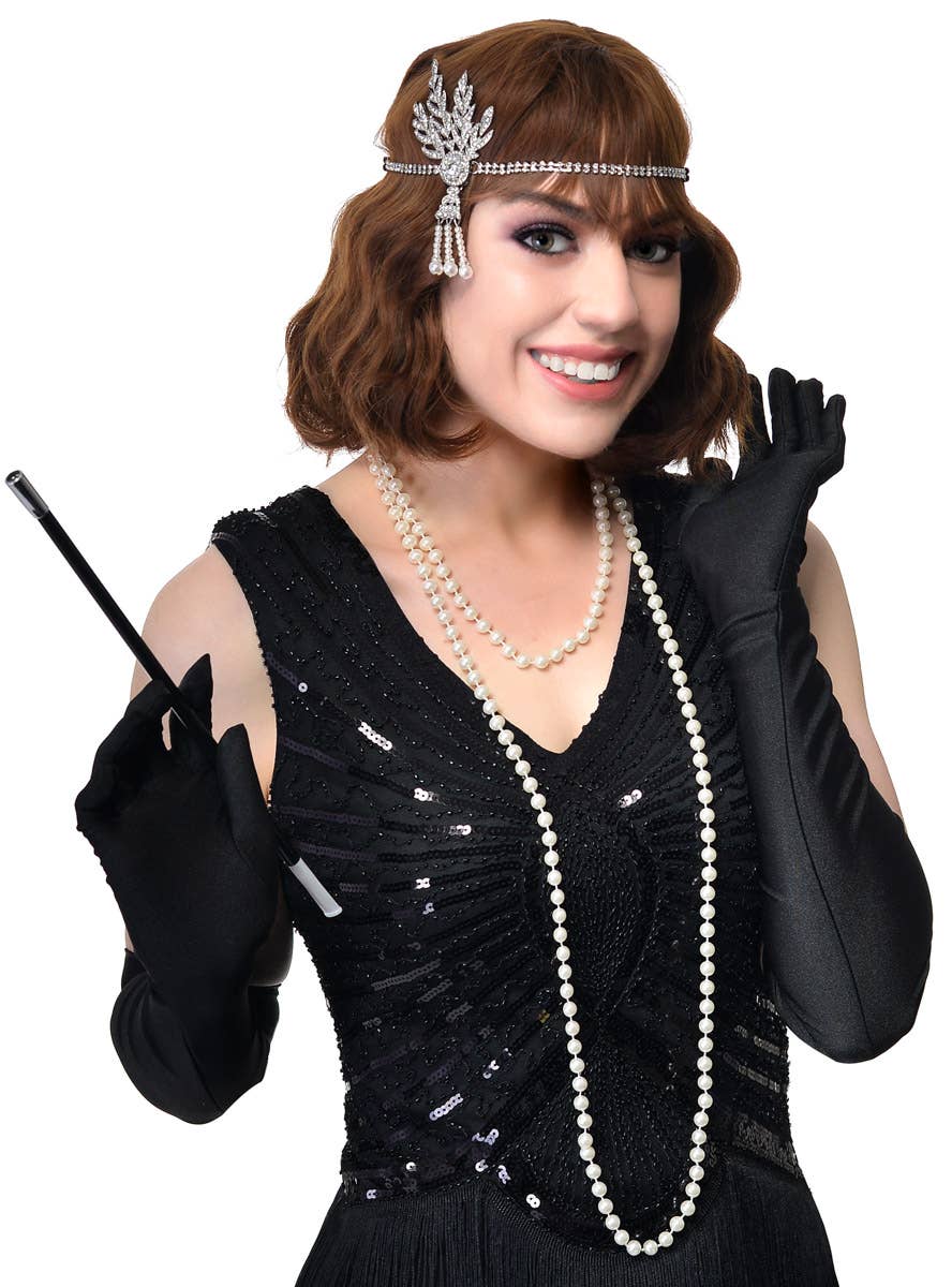 4 Piece Gatsby Set with Rhinestone Silver Headband, Pearls, Black Gloves and Cigarette Holder - Main Image