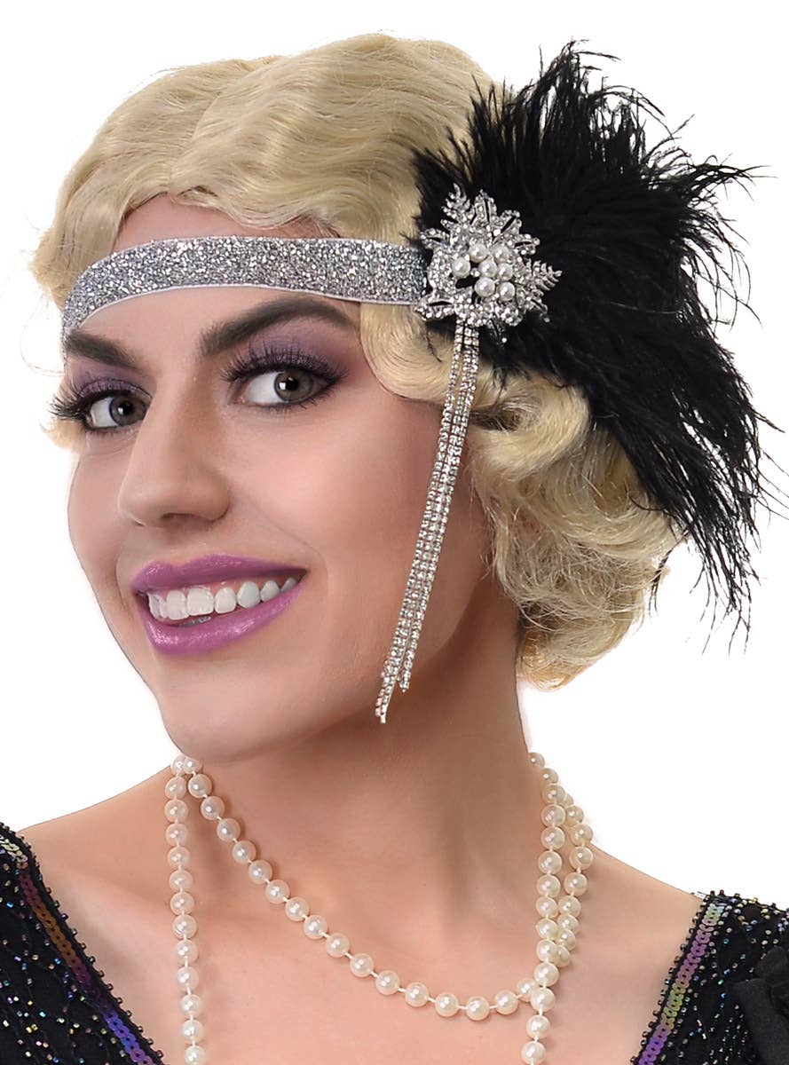 1920s 5 Piece Set with Black and Silver Headband, Black Gloves, Pearls, Cigarette Holder and Pearl Bracelet - Close Image 1