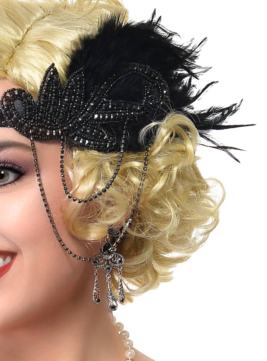 5 Piece Black Feather with Chain Headband, Cigarette Holder, Earrings, Gloves and Beads Flapper Set - Close Image 2
