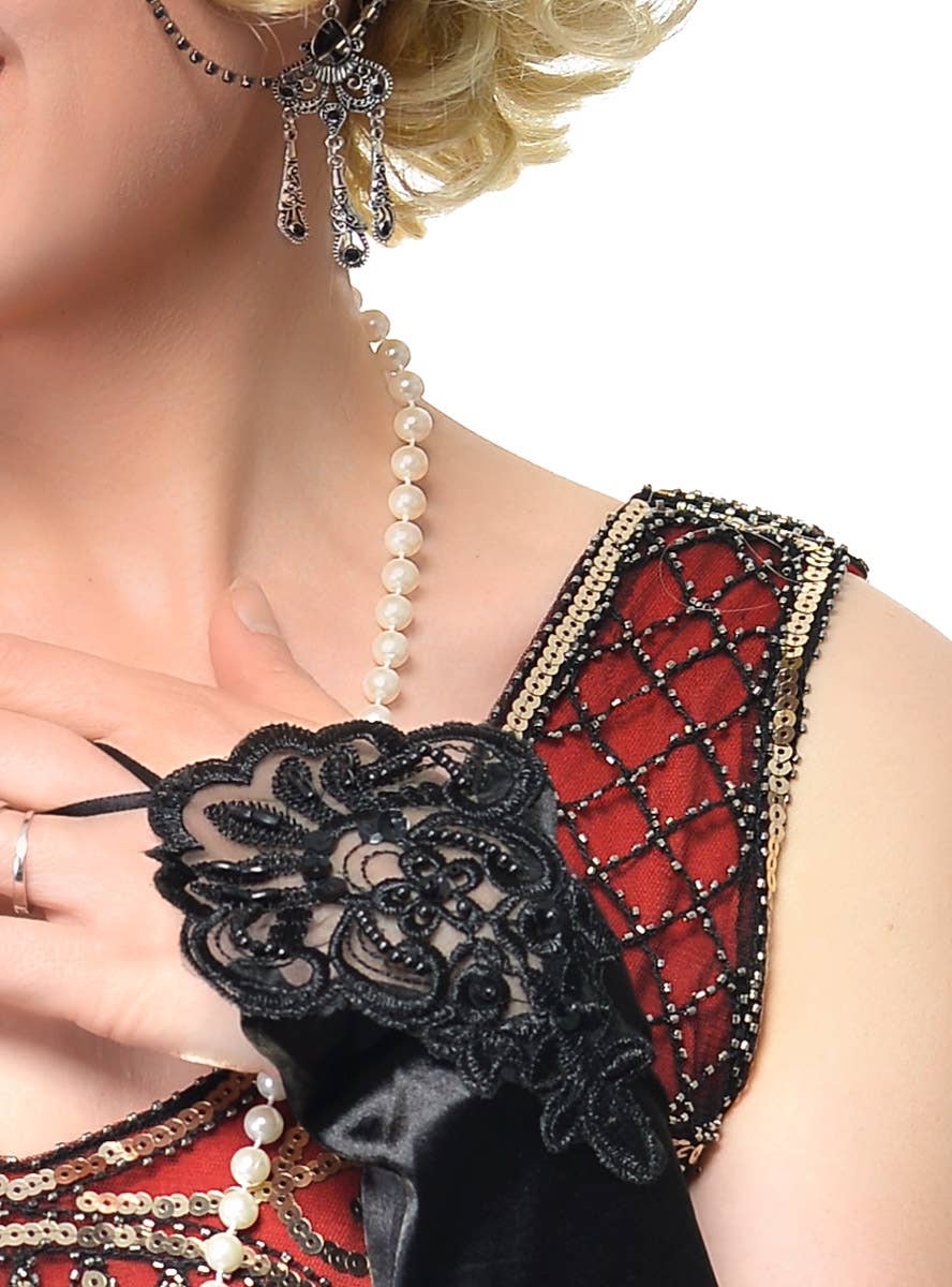 5 Piece Black Feather with Chain Headband, Cigarette Holder, Earrings, Gloves and Beads Flapper Set - Close Image 3
