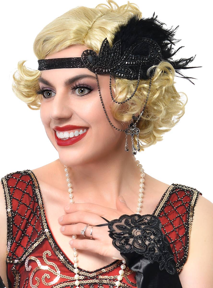 5 Piece Black Feather with Chain Headband, Cigarette Holder, Earrings, Gloves and Beads Flapper Set - Close Image 1
