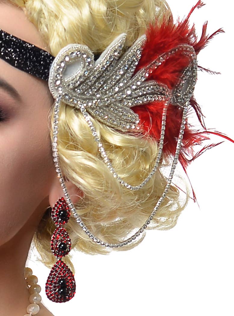 Red Feather with Silver Chain Headband, Cigarette Holder, Earrings, Gloves and Beads 5 Piece Flapper Set - Close Image 2