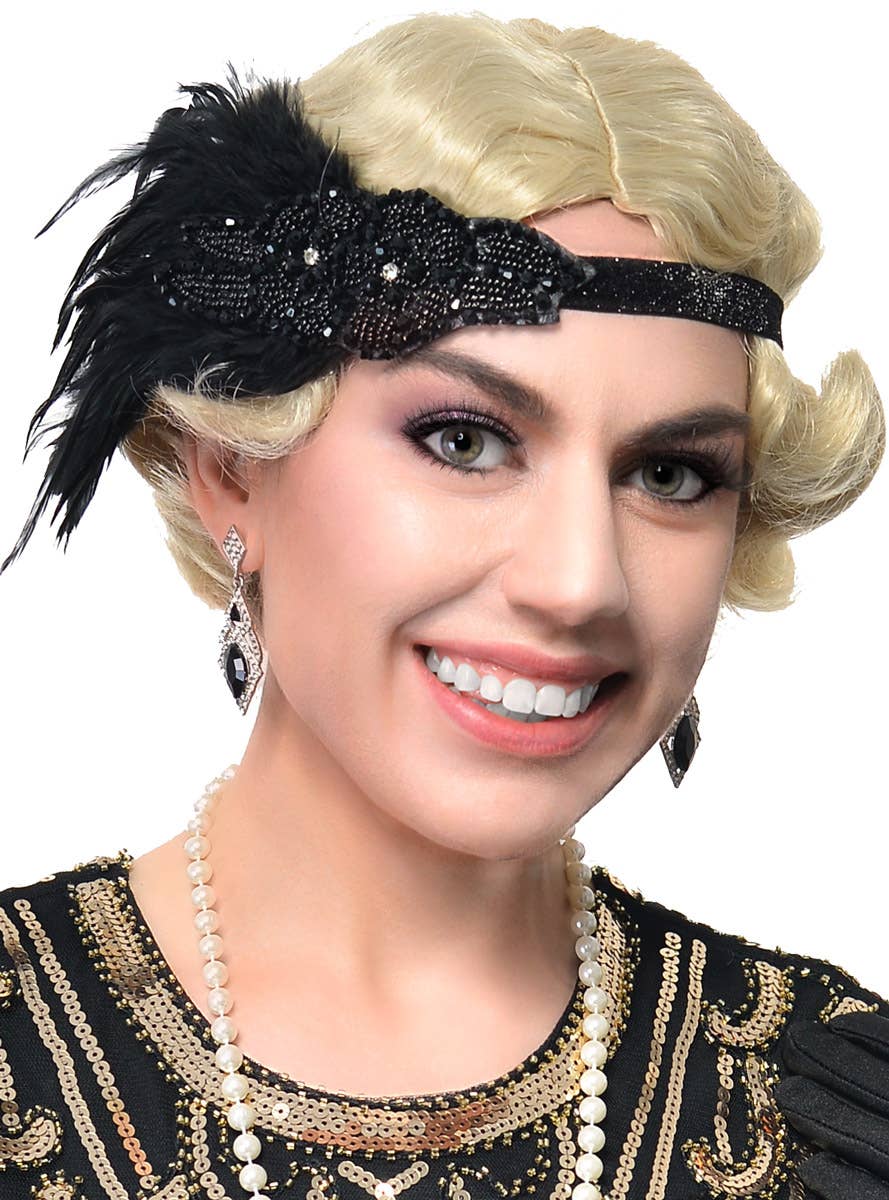 Black Beads and Feather Headband, Cigarette Holder, Earrings, Gloves and Beads 5 Piece Flapper Set - Close Image