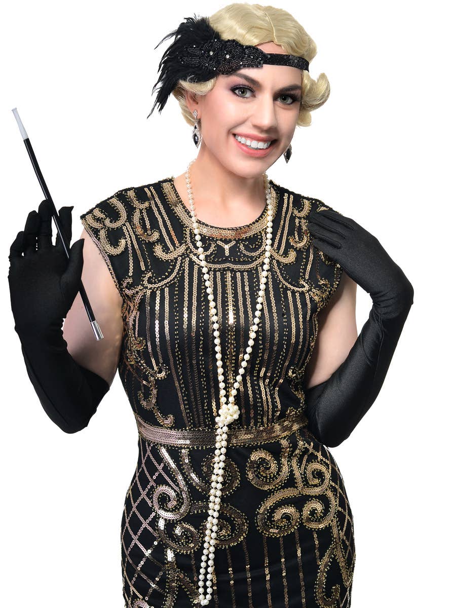 Black Beads and Feather Headband, Cigarette Holder, Earrings, Gloves and Beads 5 Piece Flapper Set - Main Image