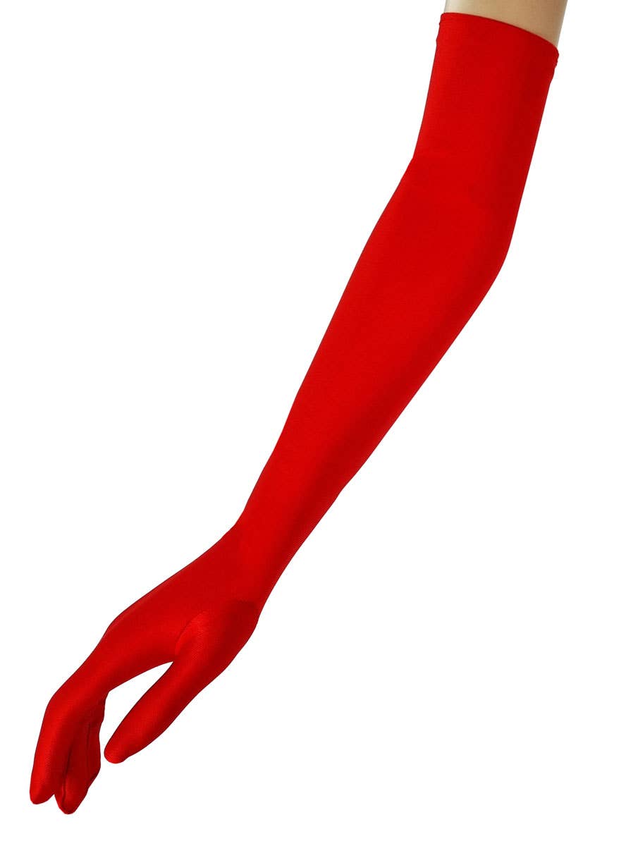 Long Shiny Glossy Red Satin Elbow Length Costume Gloves