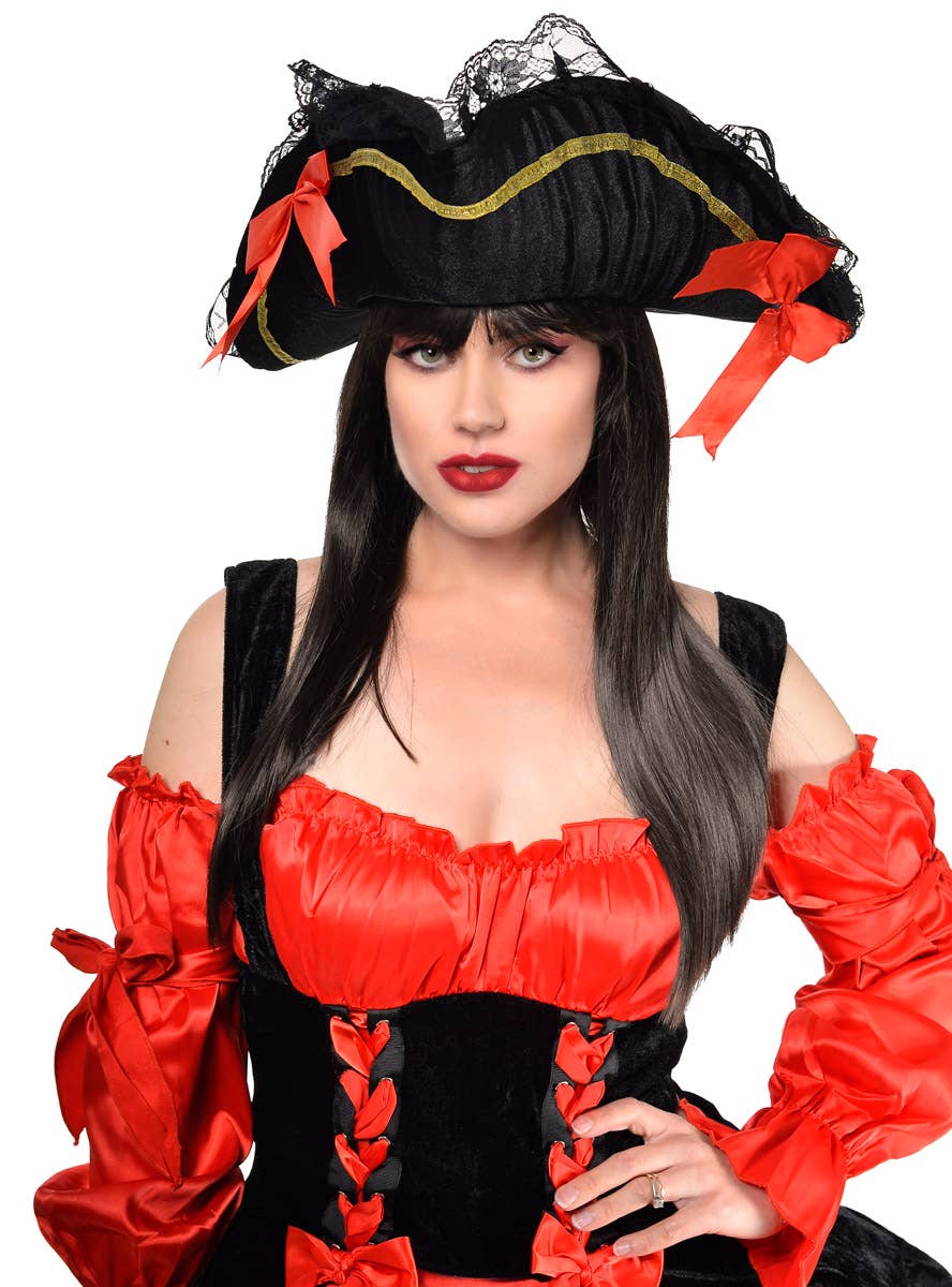 Womens Black Velvet Pirate Hat with Lace Trim and Red Bows - Alternate Image