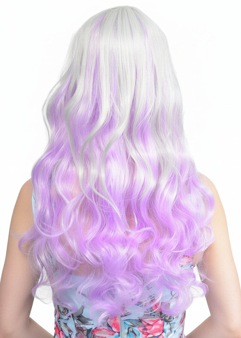 Womens Silver and Pastel Purple Wavy Wig with Side Fringe Back Image