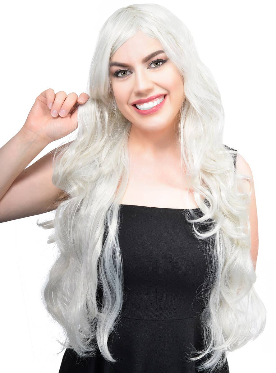 Womens Long Curly Silver Costume Wig Front Image