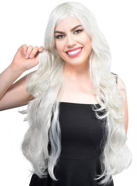 Womens Long Curly Silver Costume Wig Front Image