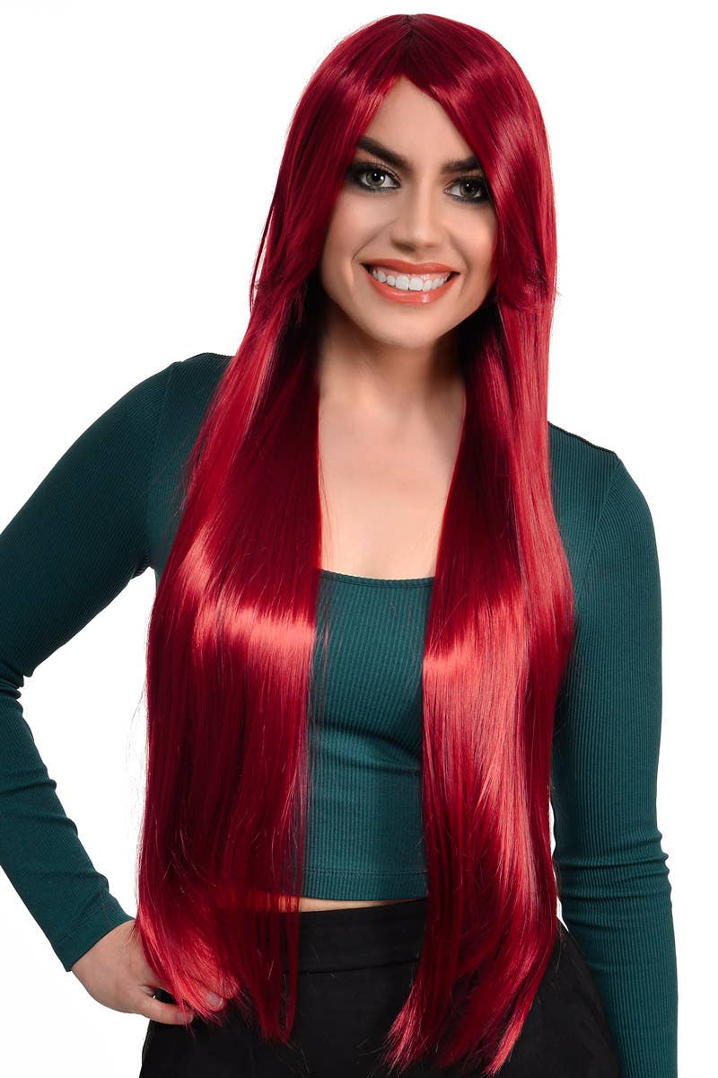 Extra Long Straight Burgundy Red Women's Costume Wig - Front Image