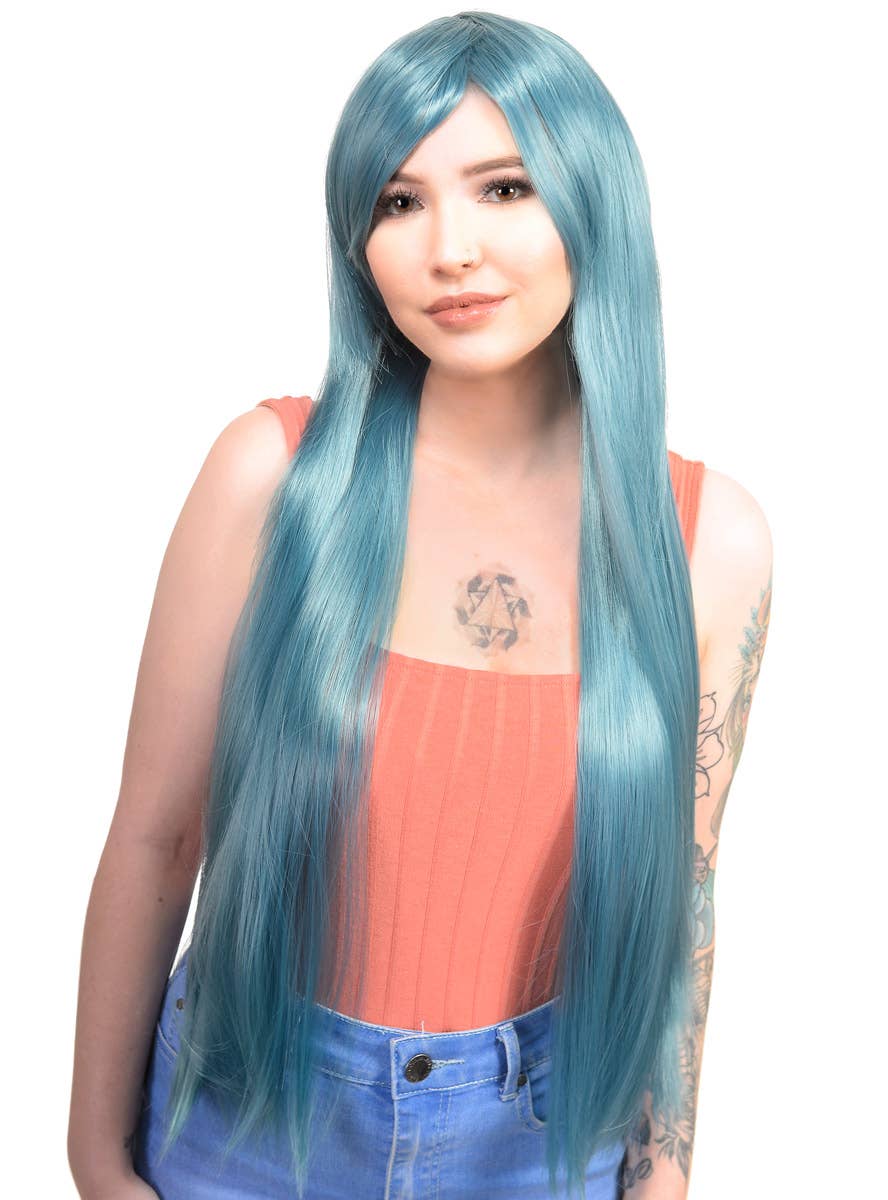 Women's Pastel Blue Long Straight Wig Front Image