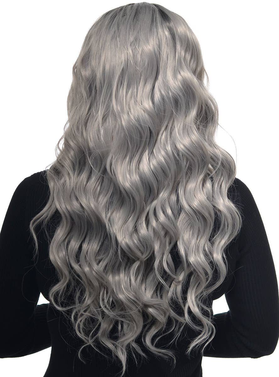 Womens Silver Grey Long Wavy Synthetic Fashion Wig with Lace Front and Dark Roots - Front Image