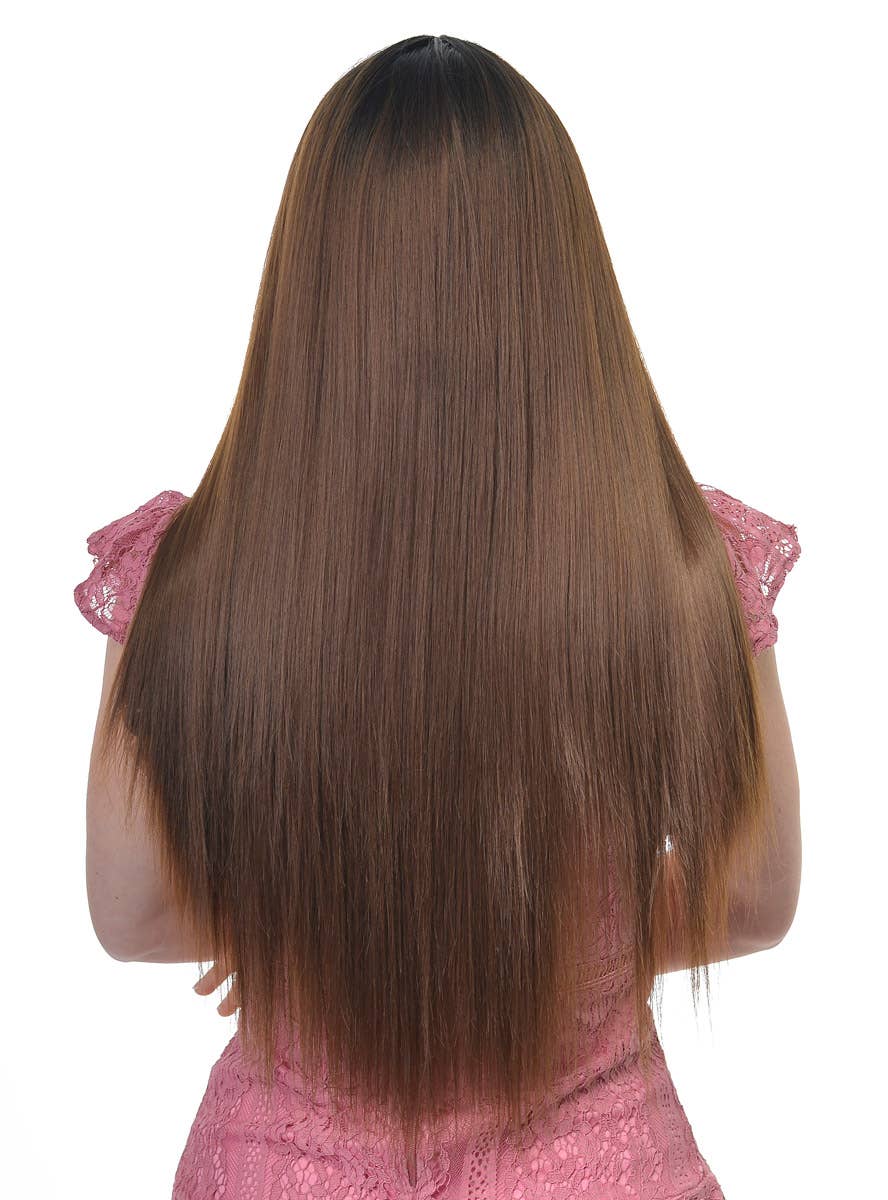 Women's Straight Rich Brown Synthetic Fashion Wig with Dark Roots and Lace Part - Back Image