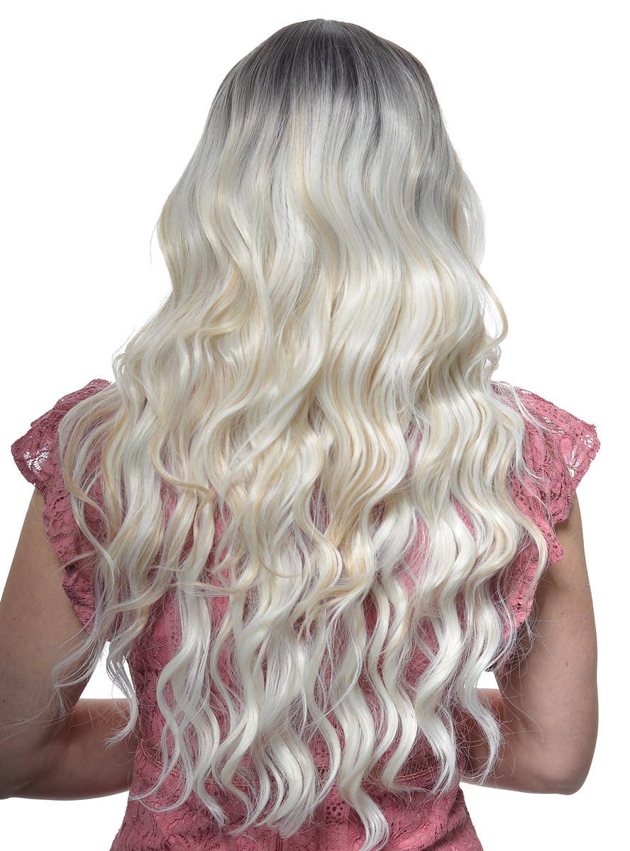 Women's Platinum Blonde Ombre Fashion Wig with Caramel Streaks and Lace Part - Back Image